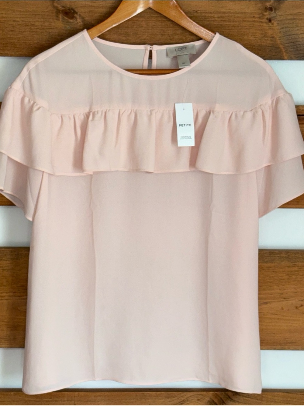 LOFT Outlet Pink Short Ruffle Sleeve Keyhole Closure Sheer Chic Blouse Size MP